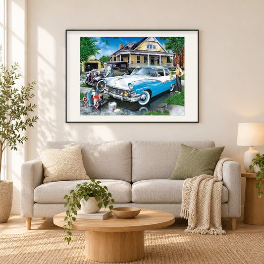 Berühmter Oldtimer Ford Fairlane als gerahmtes Diamond Painting im Wohnzimmer