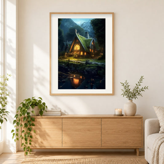 Fantasiehaus des Hobbits als gerahmtes Diamond Painting im Wohnzimmer