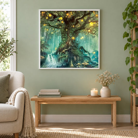 Fantasie Baum des Lichtmalerei-Kits als gerahmtes Diamond Painting im Wohnzimmer
