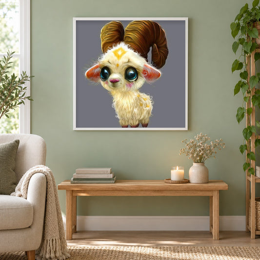 Fantasie Kreatur als gerahmtes Diamond Painting im Wohnzimmer