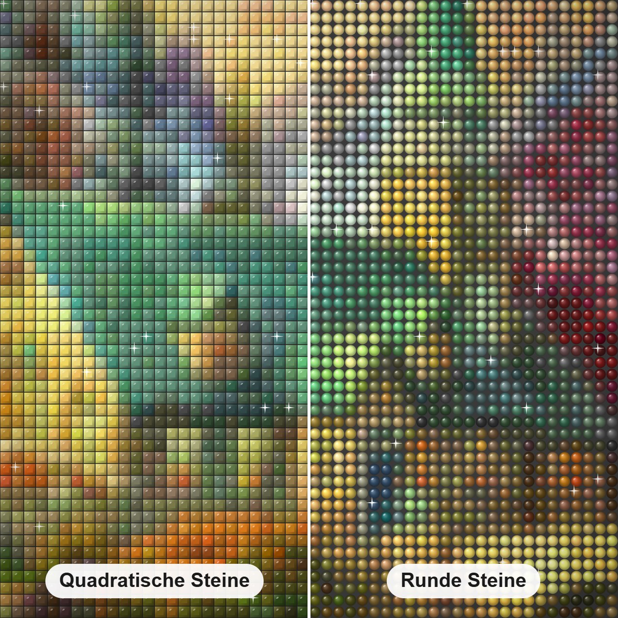 Fantasie platz Diamond Painting Nahaufnahme mit quadratischen und runden Steinen