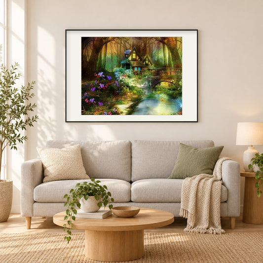 Fantasiehaus in einem Märchenwald als gerahmtes Diamond Painting im Wohnzimmer
