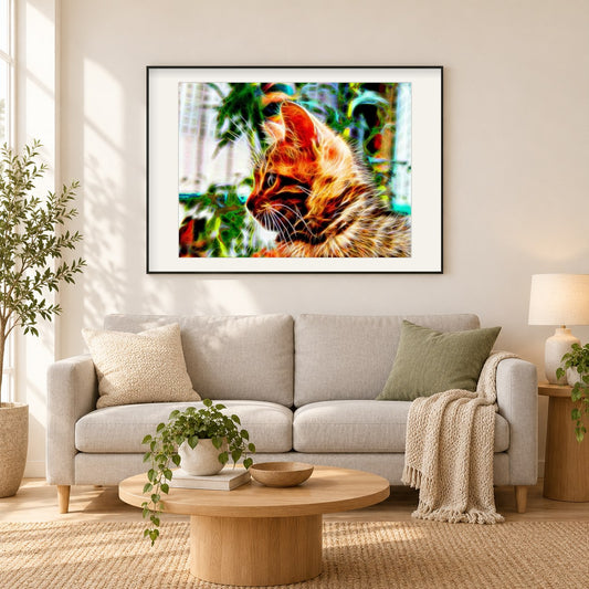 Fantasierte Katze als gerahmtes Diamond Painting im Wohnzimmer