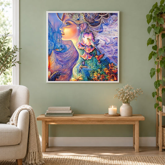 Fantasy Prinzessin 5D drillen als gerahmtes Diamond Painting im Wohnzimmer