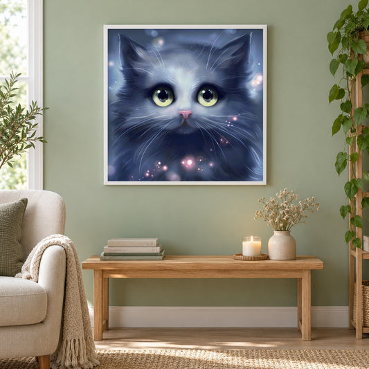 Faszinierende Katzenfarbe mit Diamanten als gerahmtes Diamond Painting im Wohnzimmer