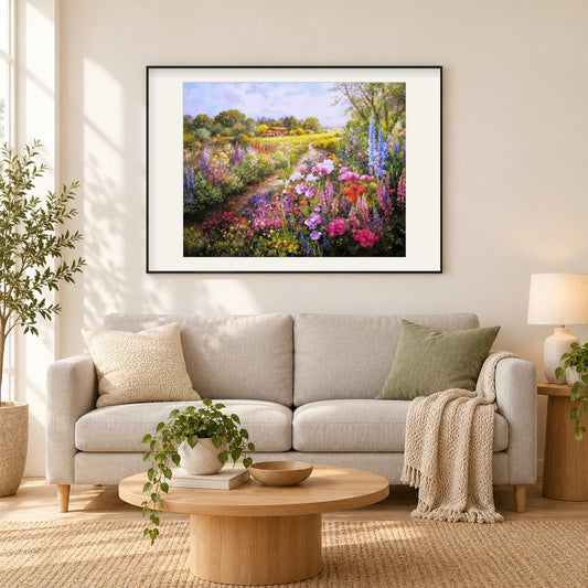 Feld der bunten Blumen als gerahmtes Diamond Painting im Wohnzimmer
