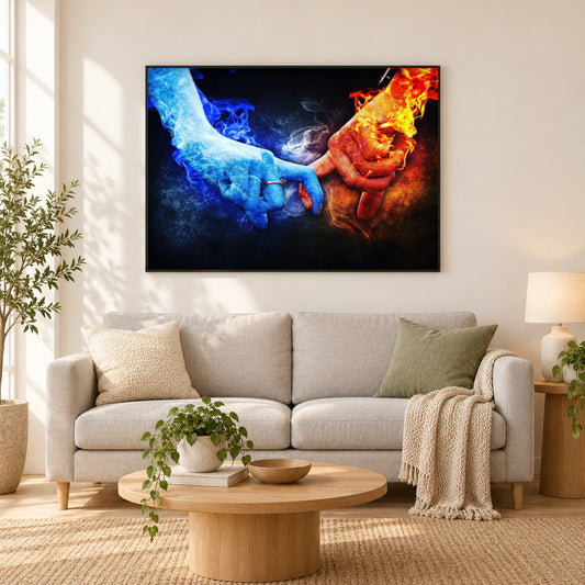 Feuer & Eis Liebe als gerahmtes Diamond Painting im Wohnzimmer