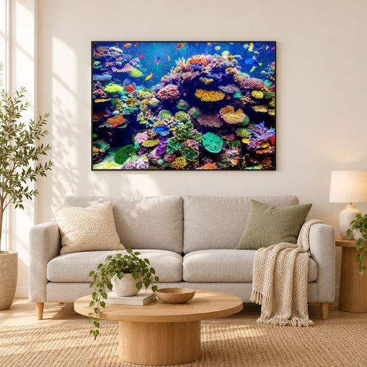 Fisch & Korallenriff als gerahmtes Diamond Painting im Wohnzimmer
