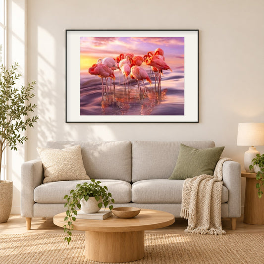 Flamingos Gruppe als gerahmtes Diamond Painting im Wohnzimmer