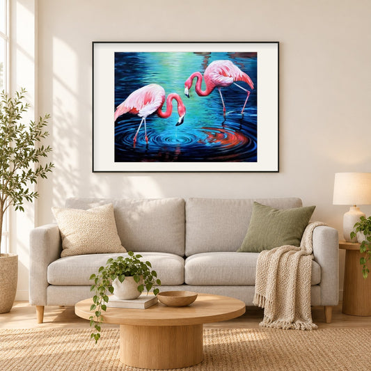 Flamingos Paar im Wasser als gerahmtes Diamond Painting im Wohnzimmer