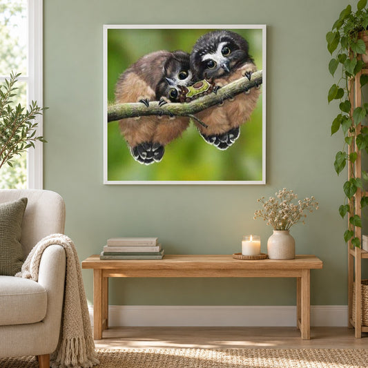 Flauschige Eulen & Raup als gerahmtes Diamond Painting im Wohnzimmer