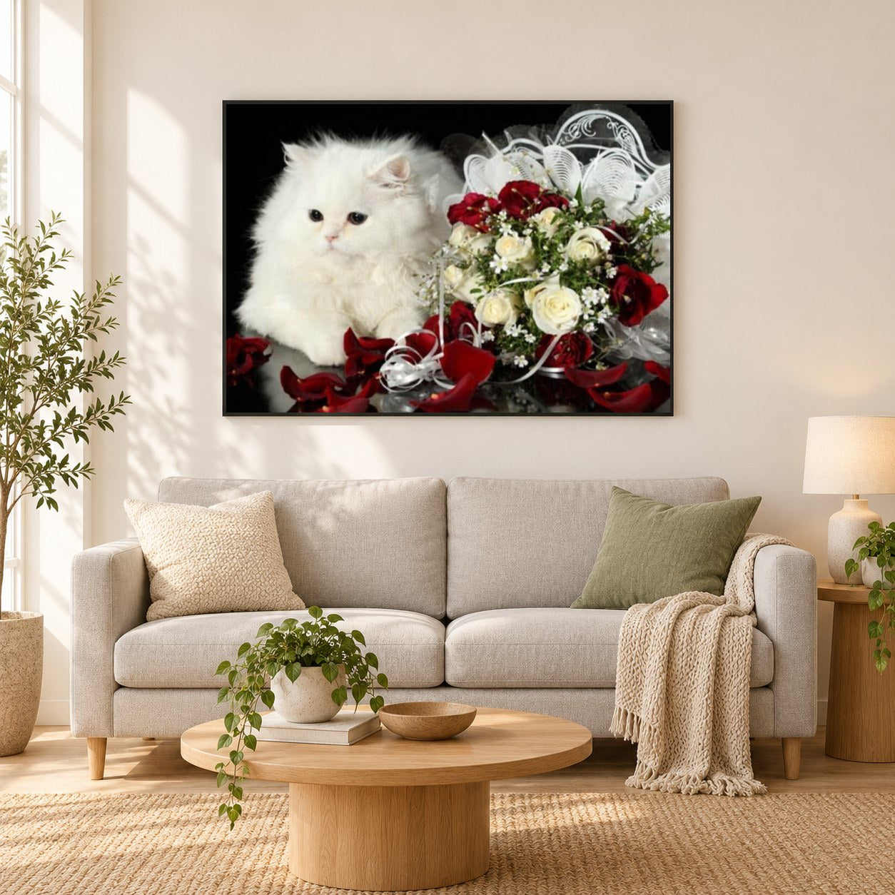 Flauschige weiße Katze und Blumen als gerahmtes Diamond Painting im Wohnzimmer