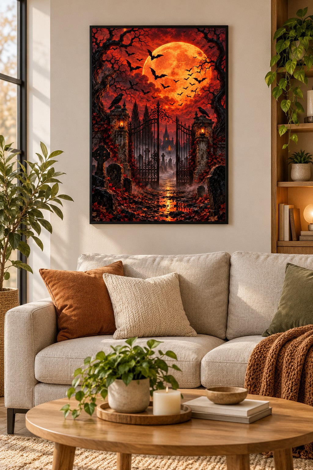 Fledermäuse vor dem Vollmond Diamond Painting als gerahmtes Diamond Painting im Wohnzimmer