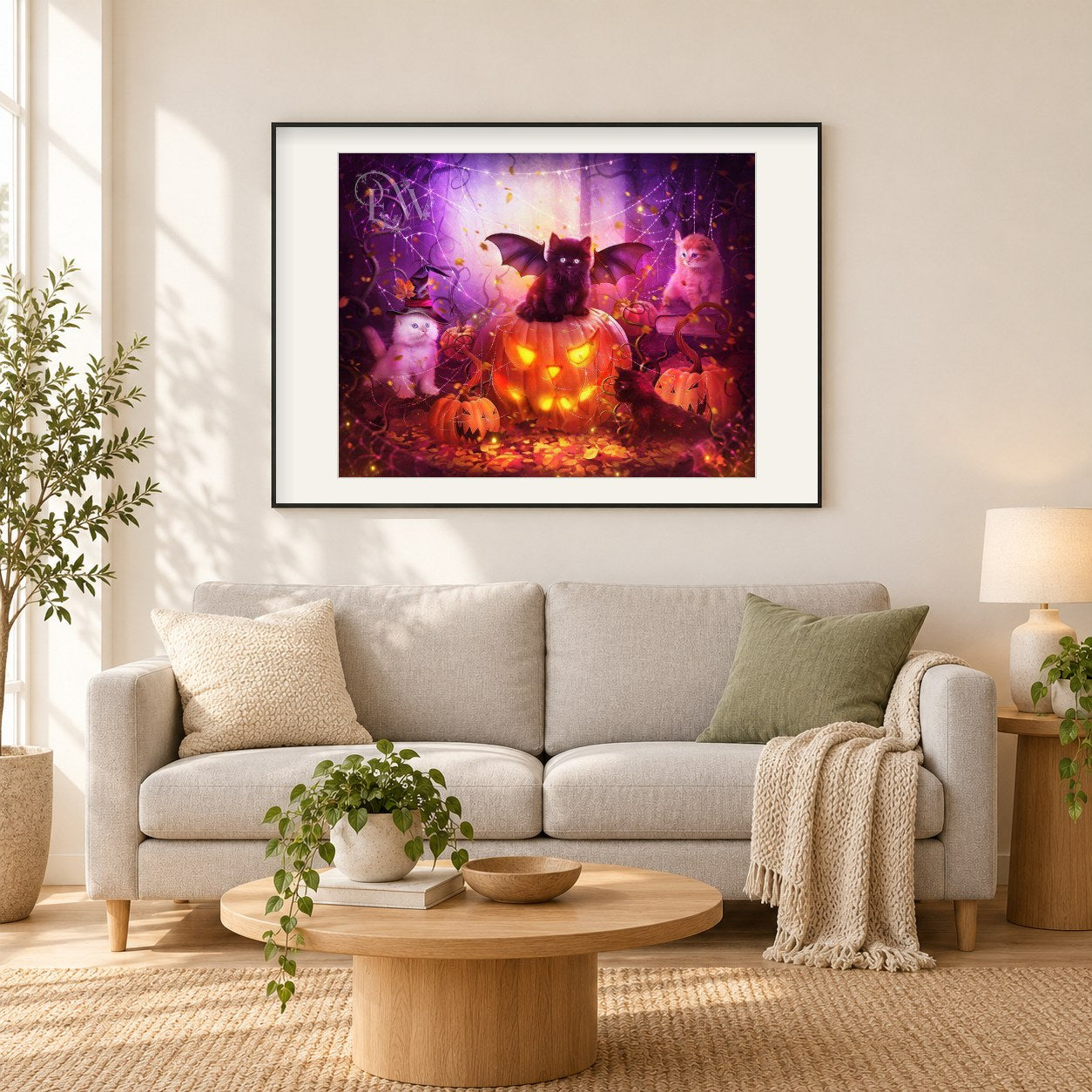 Fledermauskatze & leuchtender Kürbis als gerahmtes Diamond Painting im Wohnzimmer