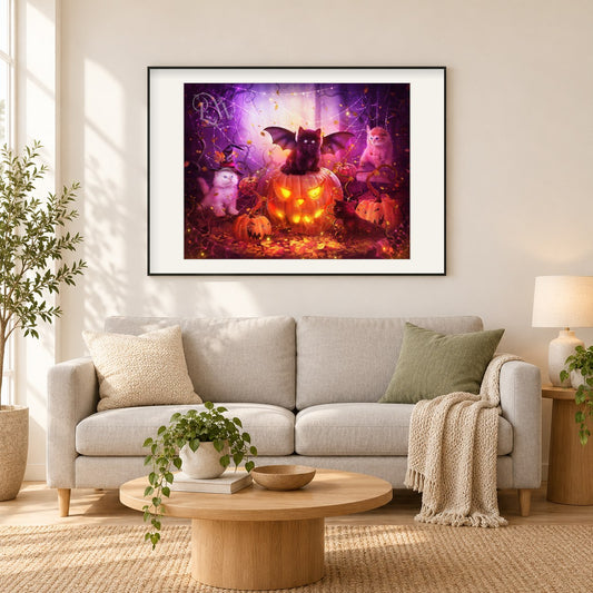 Fledermauskatze & leuchtender Kürbis als gerahmtes Diamond Painting im Wohnzimmer
