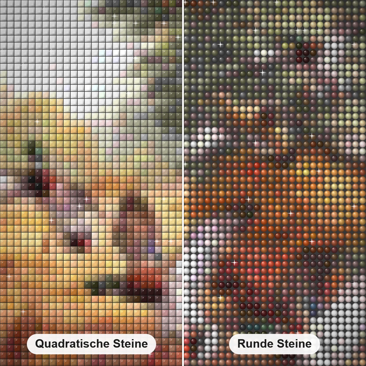 Fliegende Enten Diamond Painting Nahaufnahme mit quadratischen und runden Steinen