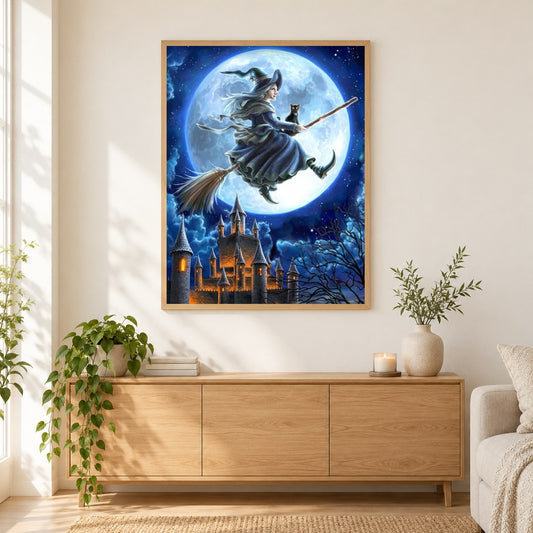 Fliegende Hexe als gerahmtes Diamond Painting im Wohnzimmer