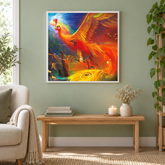 Fliegender Phönix als gerahmtes Diamond Painting im Wohnzimmer
