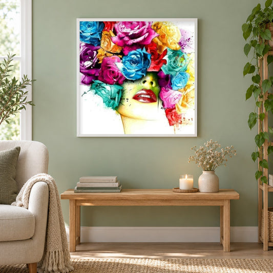 Frau mit Rosenkopf als gerahmtes Diamond Painting im Wohnzimmer