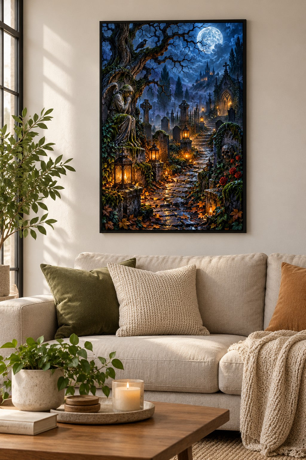 Friedhof mit Laternen im Nebel Diamond Painting als gerahmtes Diamond Painting im Wohnzimmer