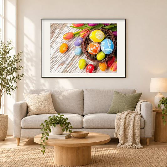 Frohe Ostern als gerahmtes Diamond Painting im Wohnzimmer