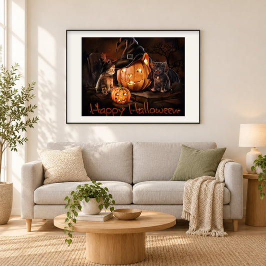 Fröhliches Halloween als gerahmtes Diamond Painting im Wohnzimmer