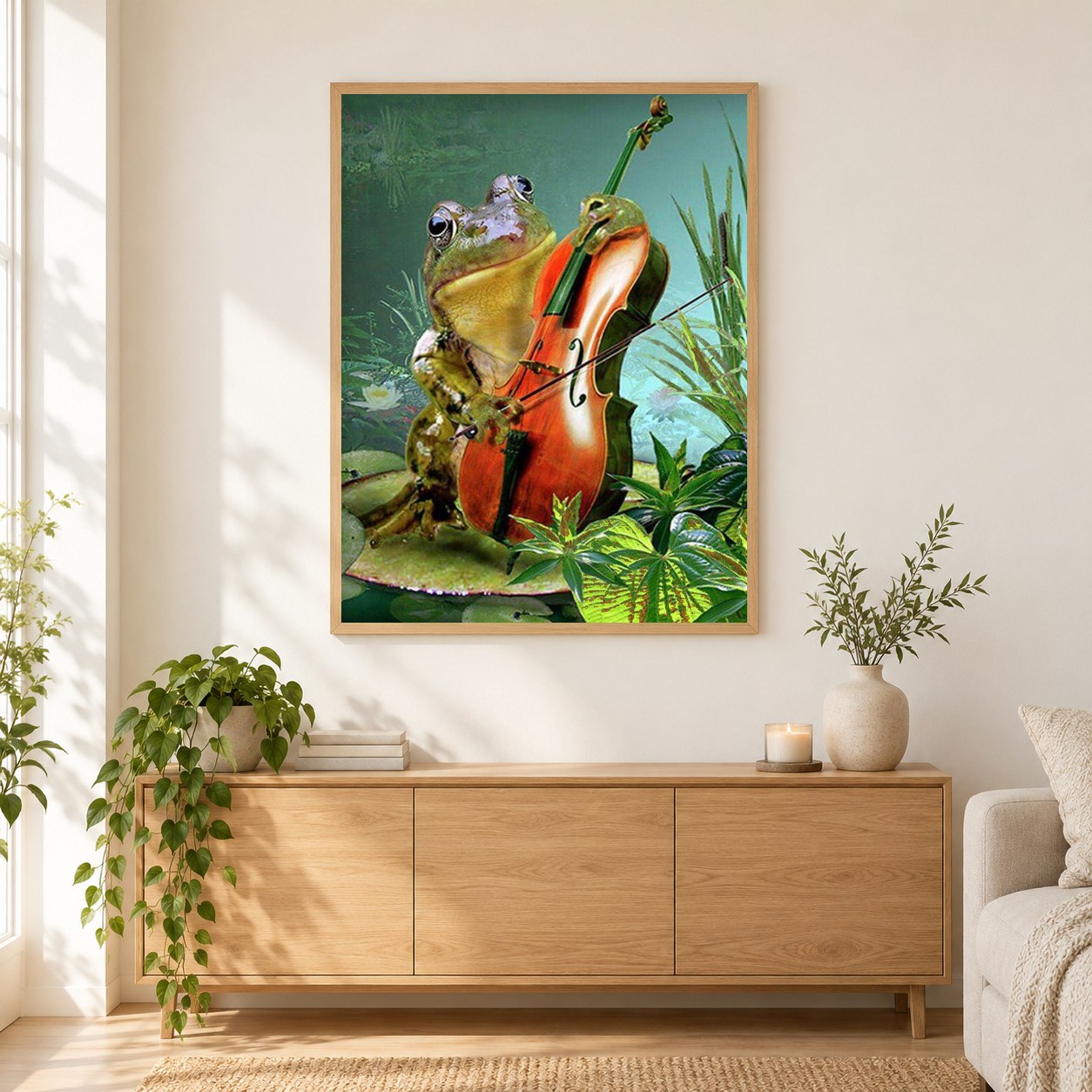 Frosch spielem Gitarre als gerahmtes Diamond Painting im Wohnzimmer