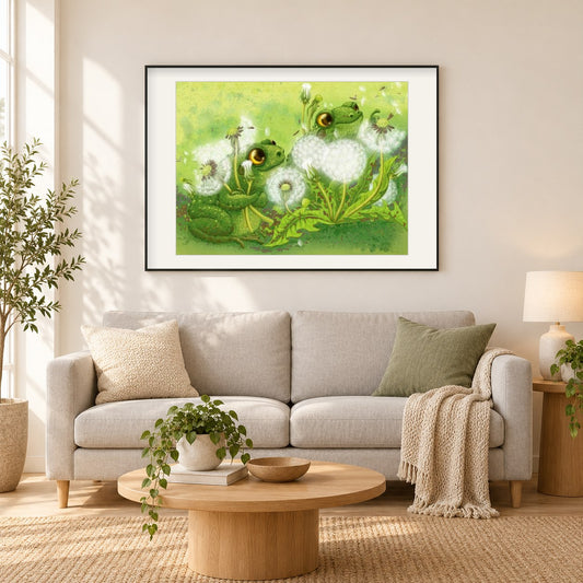 Frösche & Löwenzahn als gerahmtes Diamond Painting im Wohnzimmer