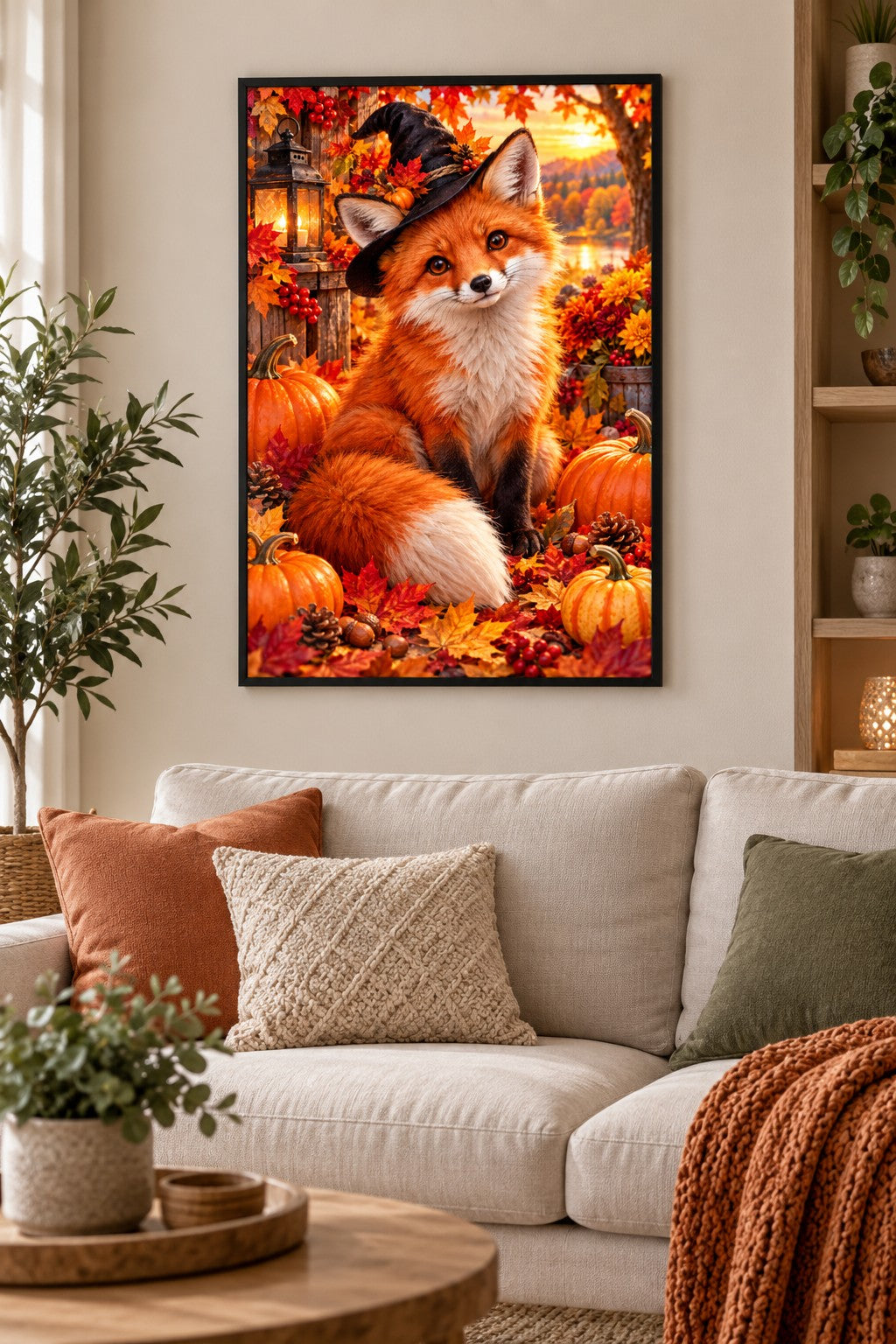 Fuchs mit Hexenhut im Herbstlaub Diamond Painting als gerahmtes Diamond Painting im Wohnzimmer
