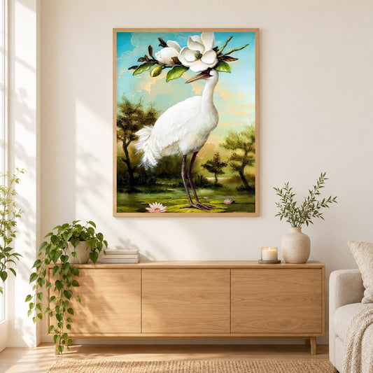 Fujian weißer Kran als gerahmtes Diamond Painting im Wohnzimmer