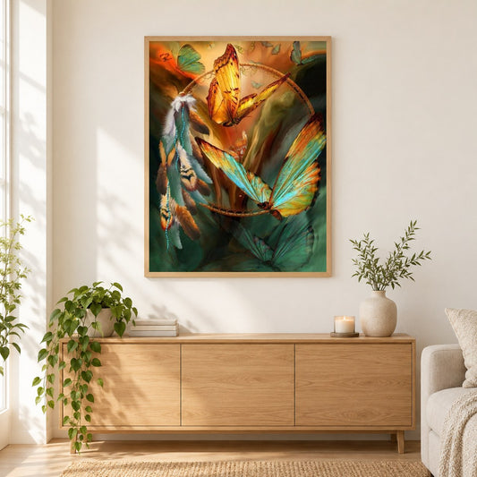 Geist des Schmetterlings als gerahmtes Diamond Painting im Wohnzimmer