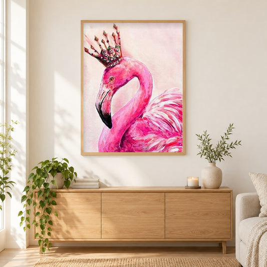 Gekrönter Flamingo als gerahmtes Diamond Painting im Wohnzimmer
