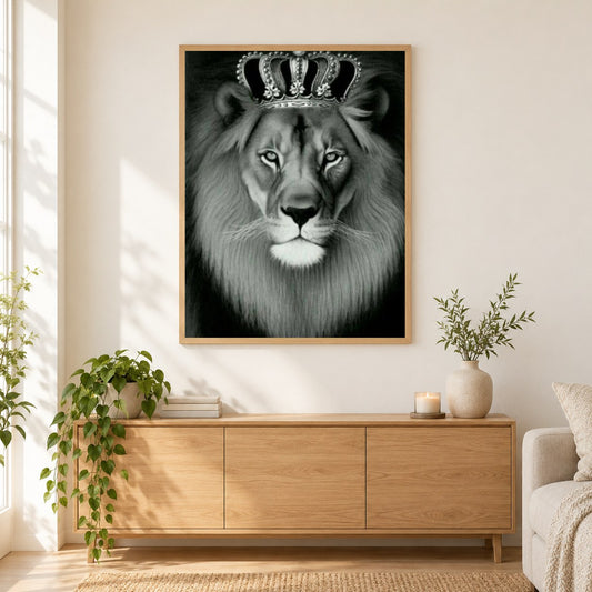 Gekrönter Löwe als gerahmtes Diamond Painting im Wohnzimmer