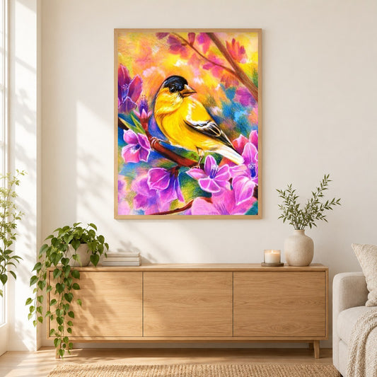 Gelbe Vögel in Blumen als gerahmtes Diamond Painting im Wohnzimmer