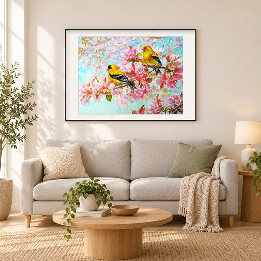 Gelbe Vögel & rosa Blüten als gerahmtes Diamond Painting im Wohnzimmer