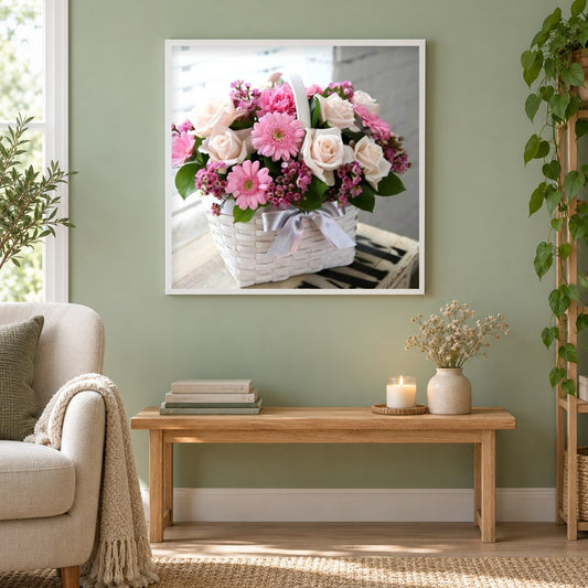 Geschenk Blumenkorb als gerahmtes Diamond Painting im Wohnzimmer