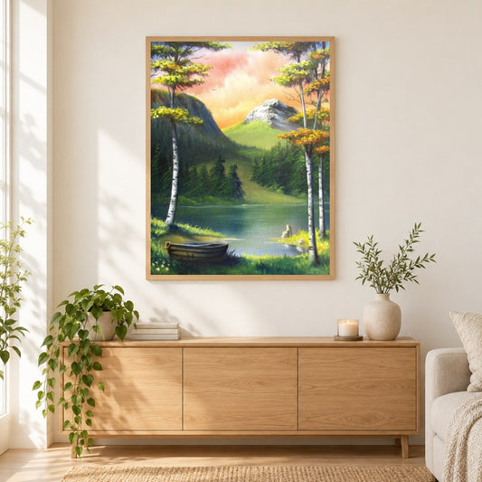 Fluchtbucht - Kunst des Liam Kelly als gerahmtes Diamond Painting im Wohnzimmer