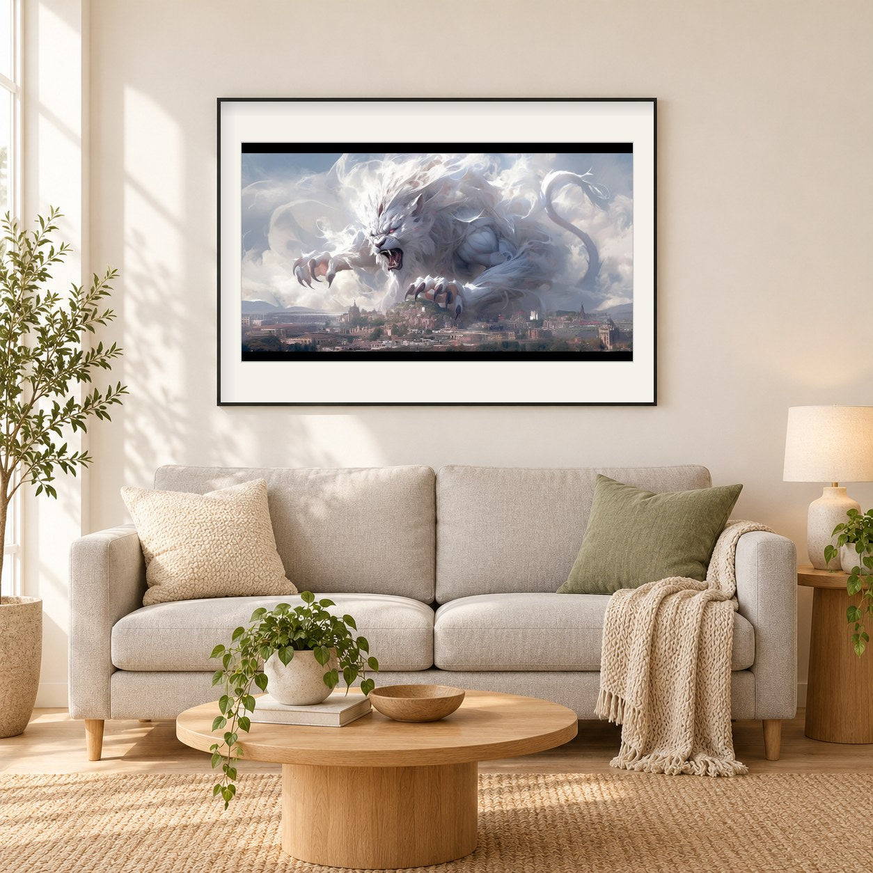 Riesiger weißer Löwe greift Dorf an als gerahmtes Diamond Painting im Wohnzimmer