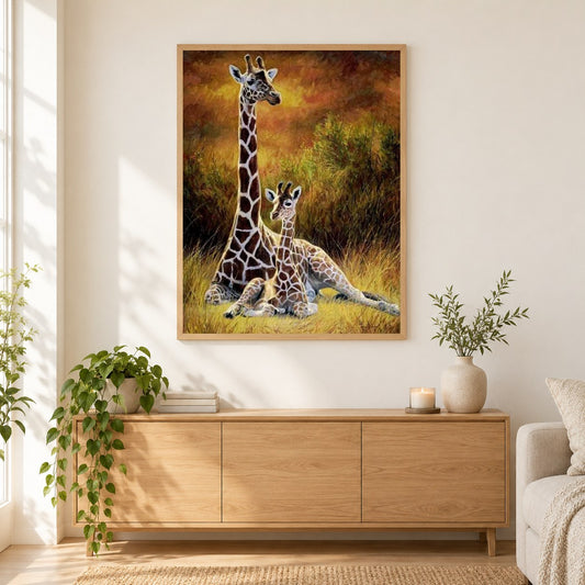 Giraffe Mutter & Baby als gerahmtes Diamond Painting im Wohnzimmer
