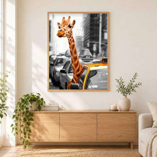Giraffe Reisen im Taxi als gerahmtes Diamond Painting im Wohnzimmer