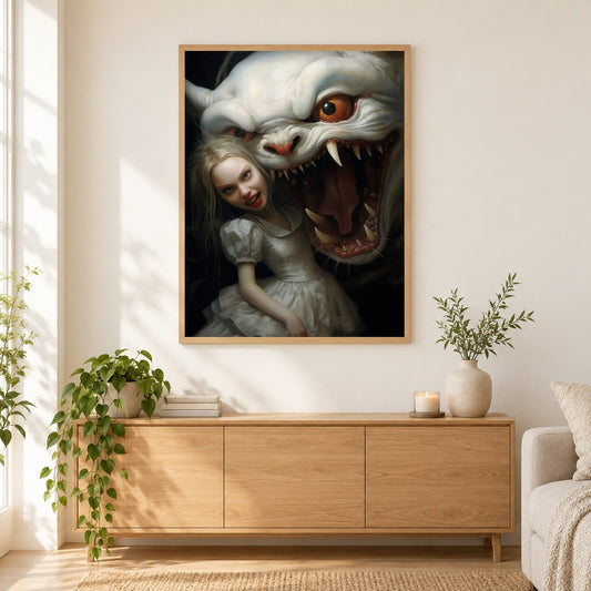 Mädchen mit Wolf - Gemälde nach Diamanten als gerahmtes Diamond Painting im Wohnzimmer