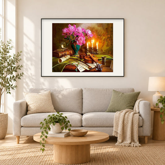 Gitarren-, Blumen- und Kerzenmalerei als gerahmtes Diamond Painting im Wohnzimmer