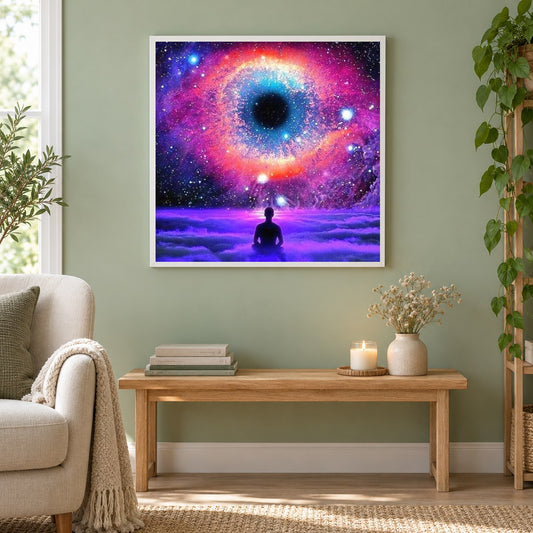 Glaube an das Universum als gerahmtes Diamond Painting im Wohnzimmer