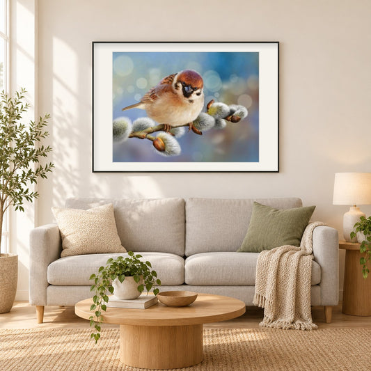Glücklicher Spatz als gerahmtes Diamond Painting im Wohnzimmer