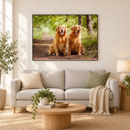Golden Retriever gehen spaziere als gerahmtes Diamond Painting im Wohnzimmer