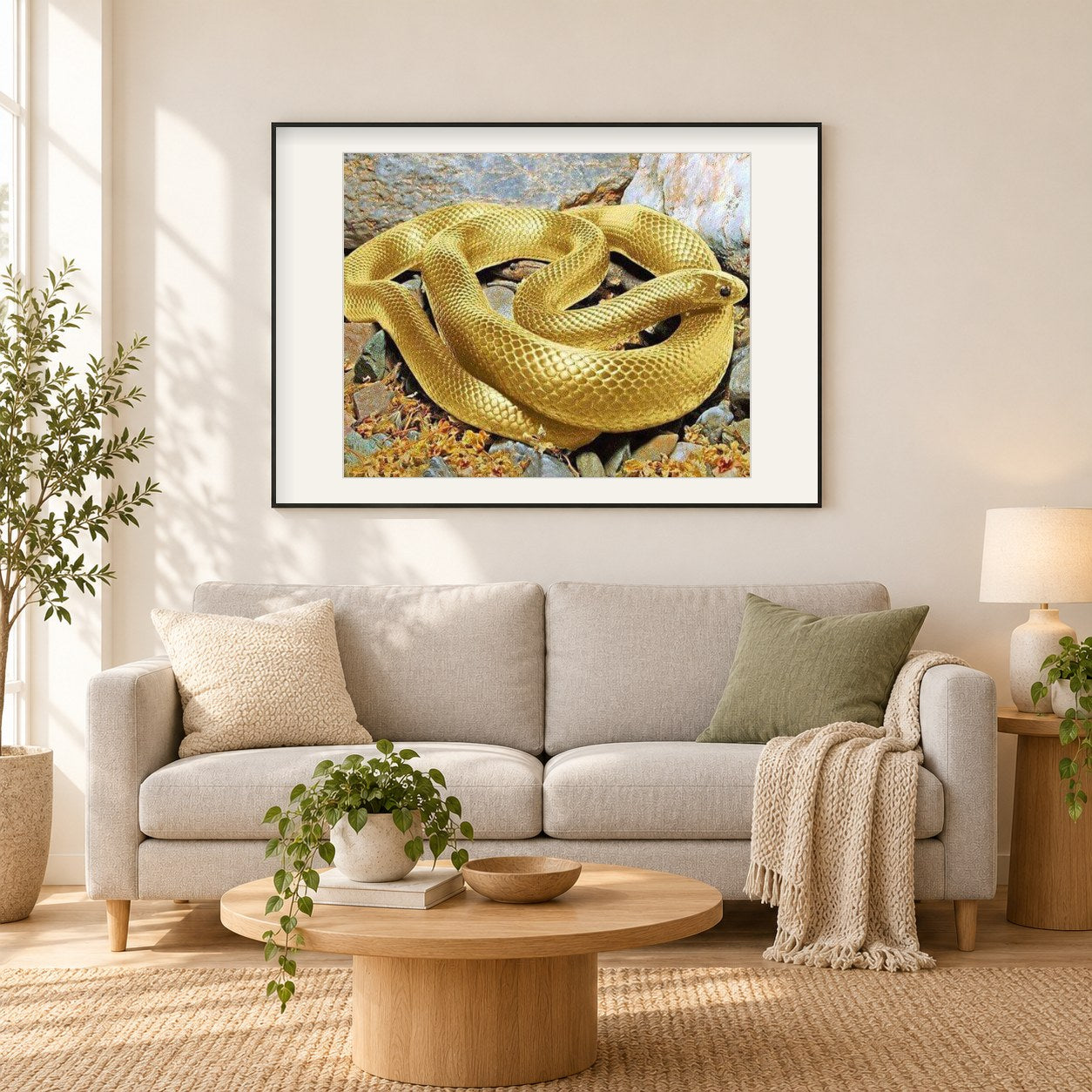 Goldene Schlange als gerahmtes Diamond Painting im Wohnzimmer