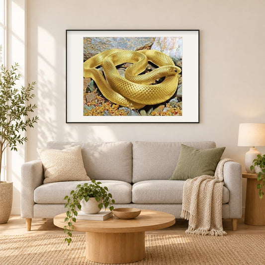 Goldene Schlange als gerahmtes Diamond Painting im Wohnzimmer