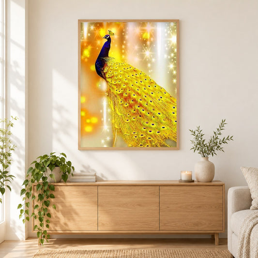 Goldener Pfau als gerahmtes Diamond Painting im Wohnzimmer