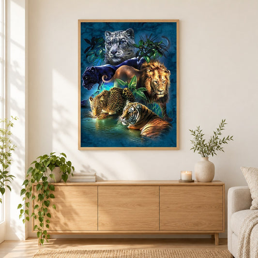 Große Katzen als gerahmtes Diamond Painting im Wohnzimmer