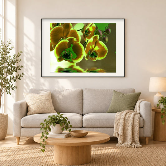 Grüne Orchideen als gerahmtes Diamond Painting im Wohnzimmer
